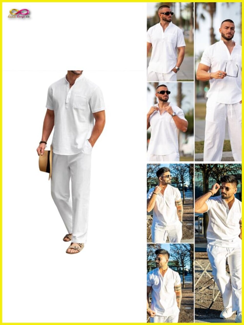 Men's Cotton Linen 2 Piece Set Henley Shirt & Pants Summer Outfit